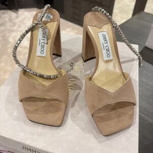 Jimmy Choo Tan Suede Heels with Silver Crystal Straps